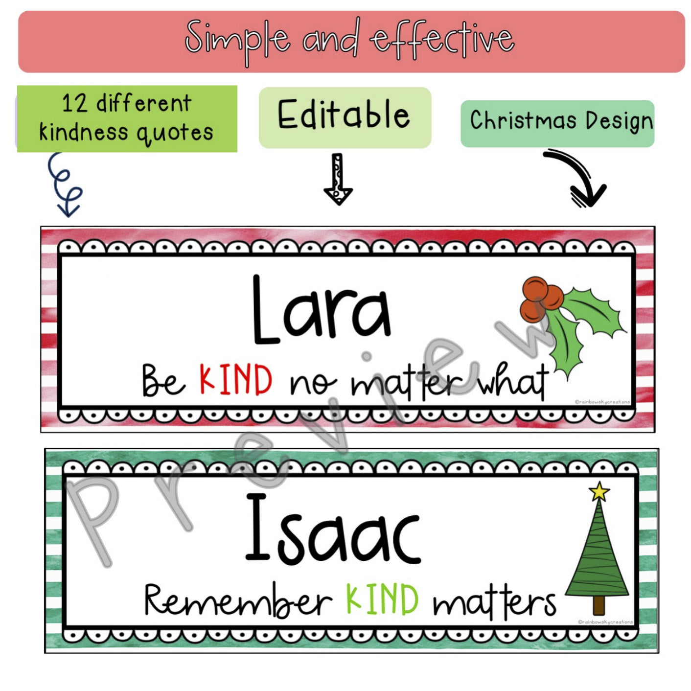 KINDNESS Editable Desk Name Tags | Christmas Theme