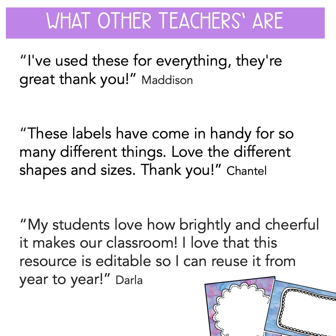 Editable Classroom Labels & Name Tags (Blue & Purple Pastel Theme)