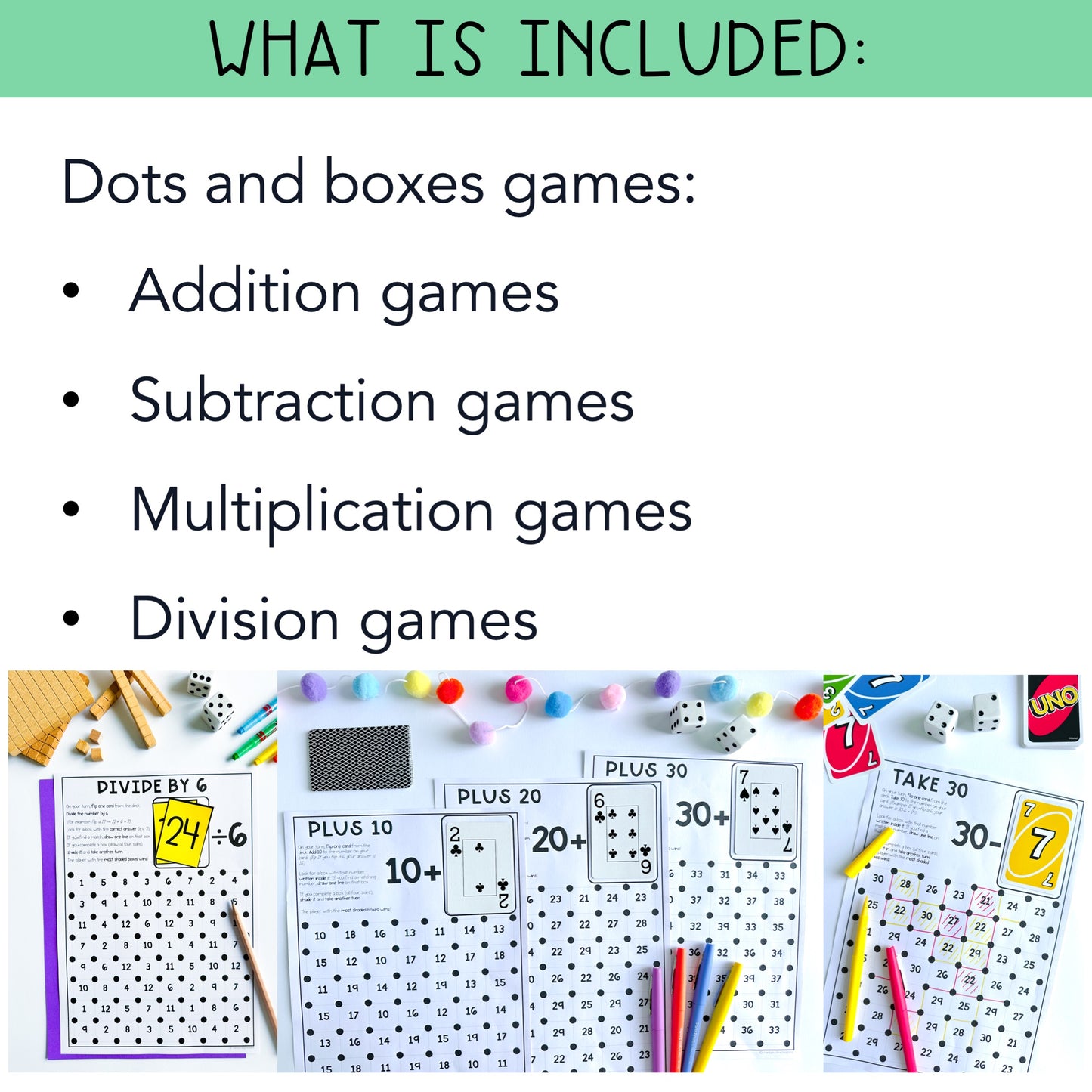 Dots and Boxes BUNDLE | Addition, Subtraction, Multiplication, Division Games