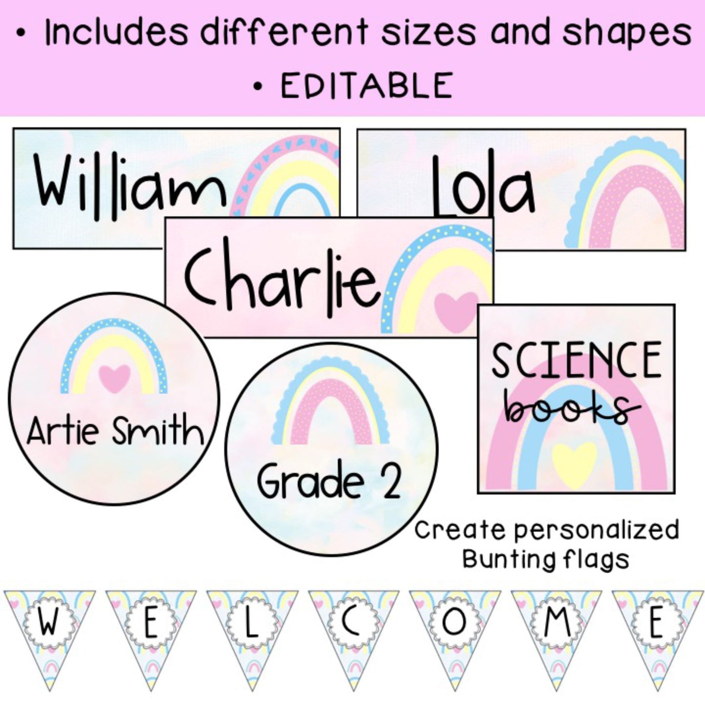 Editable Labels | Classroom Labels | Pastel Rainbow