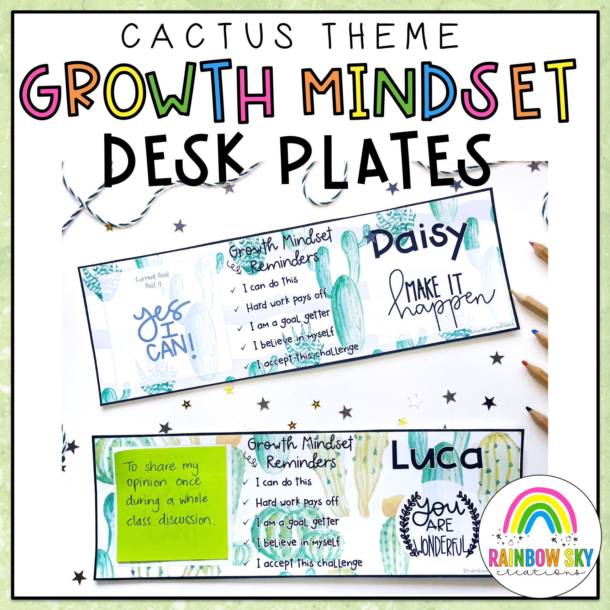 Growth Mindset Editable Desk Name Tags [Cactus / Succulent theme]