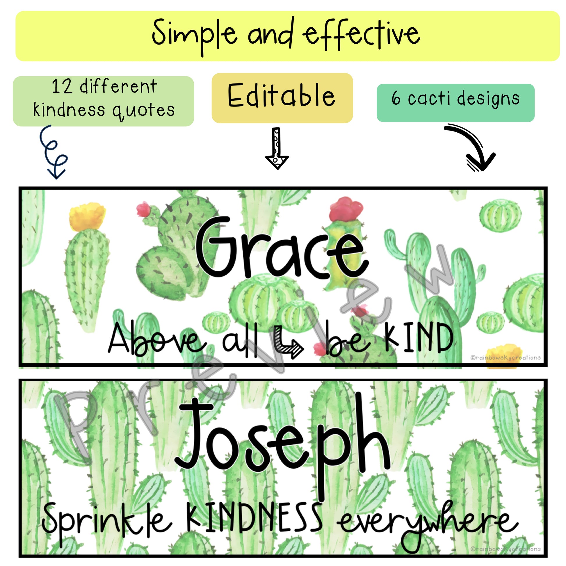 KINDNESS Editable Desk Name Tags | Cactus / Succulent Theme