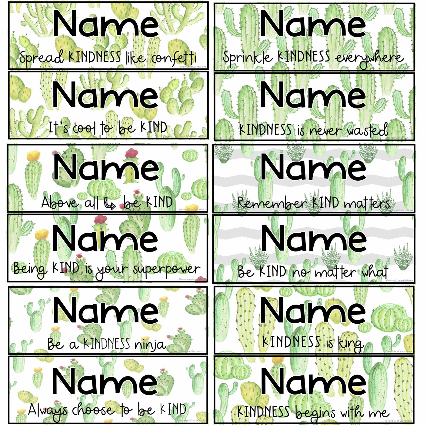 KINDNESS Editable Desk Name Tags | Cactus / Succulent Theme