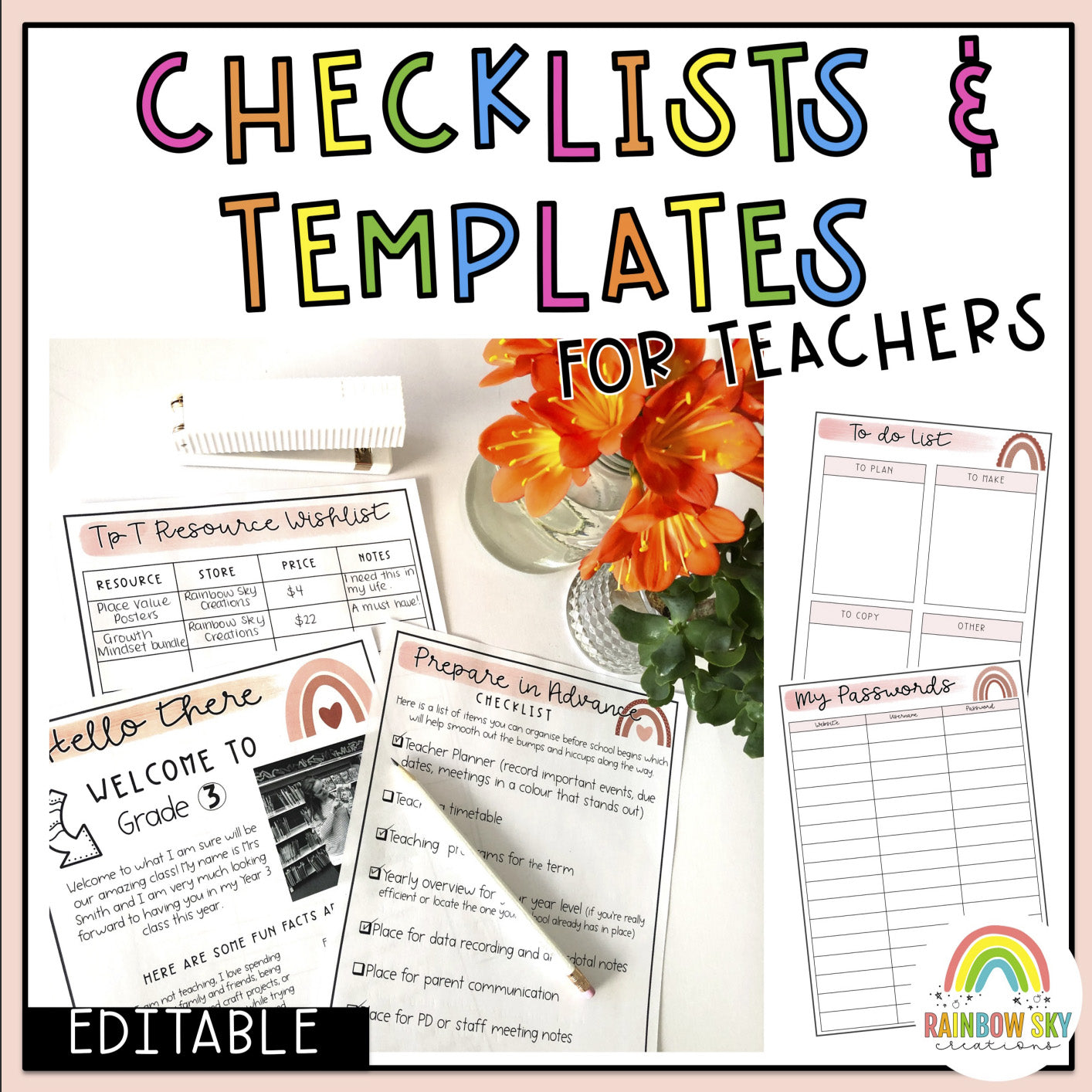 Teacher Checklists and Forms | Back to School | Neutral Blush Rainbow