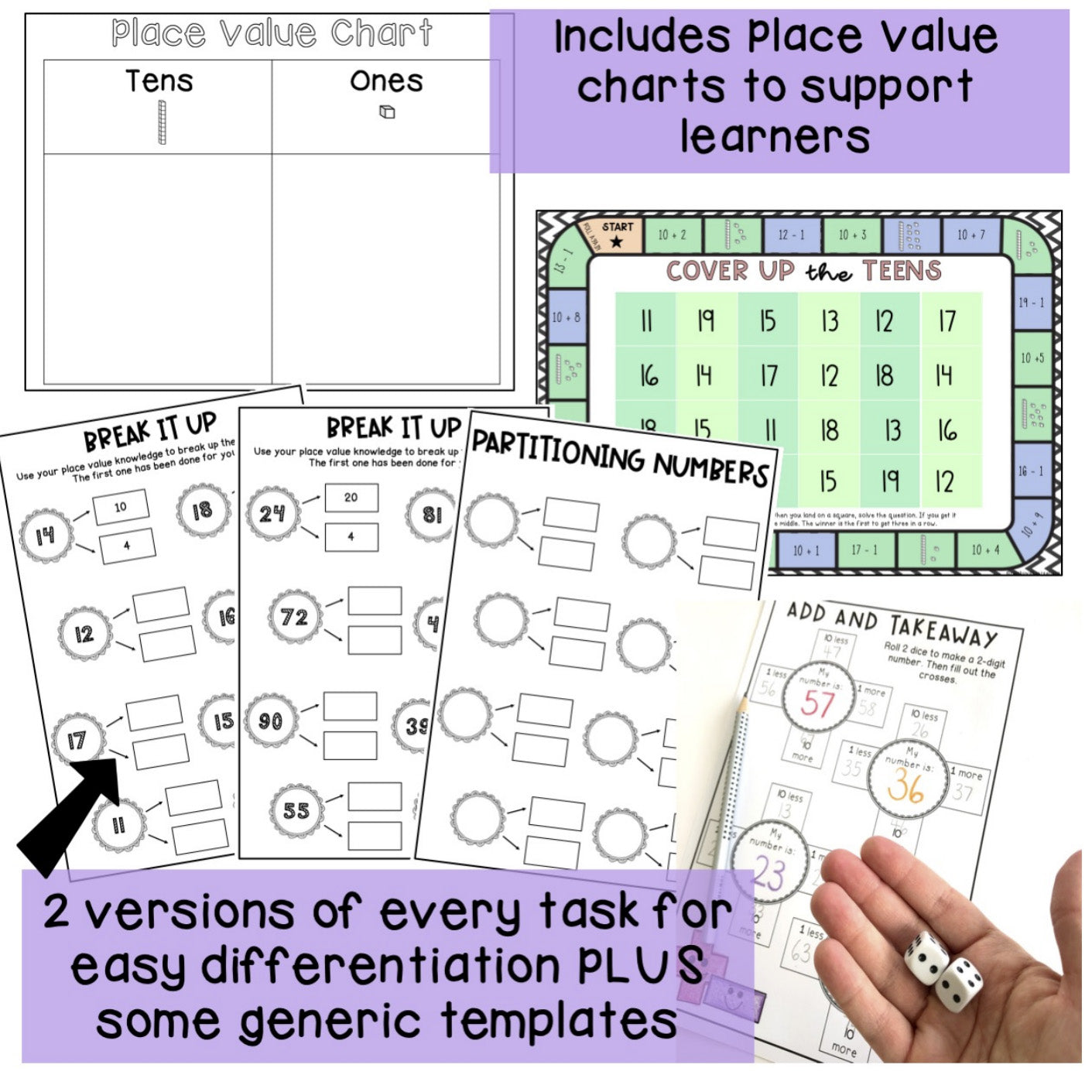 Place Value Worksheets & Games | Differentiated Teen & 2-digit Numbers