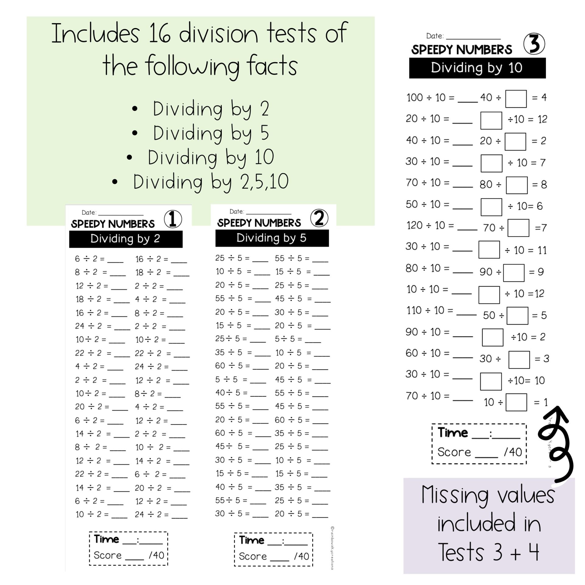 Division Speedy Number Booklet | Dividing by 2, 5, 10