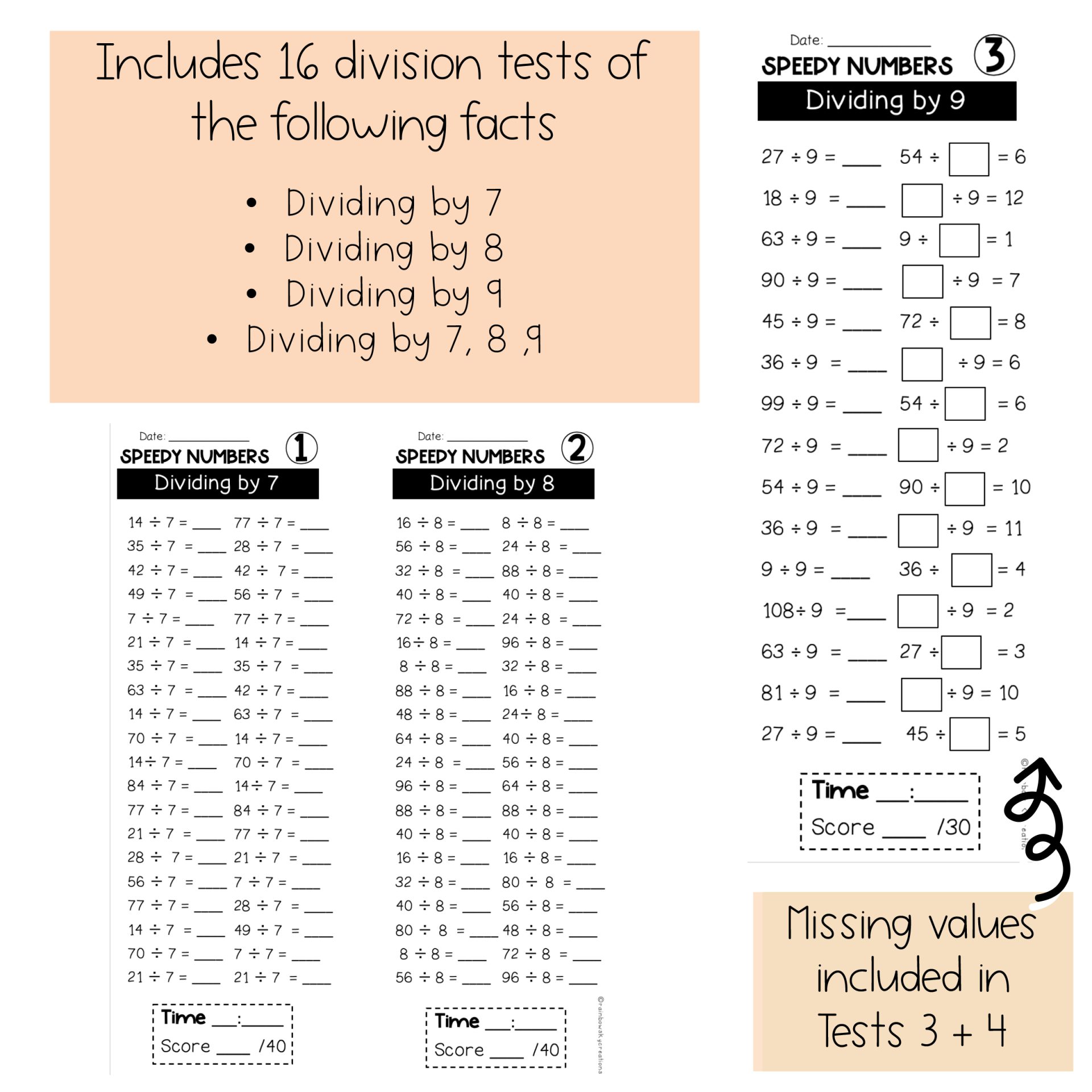 Division Speedy Number Booklet | Dividing by 7, 8, 9