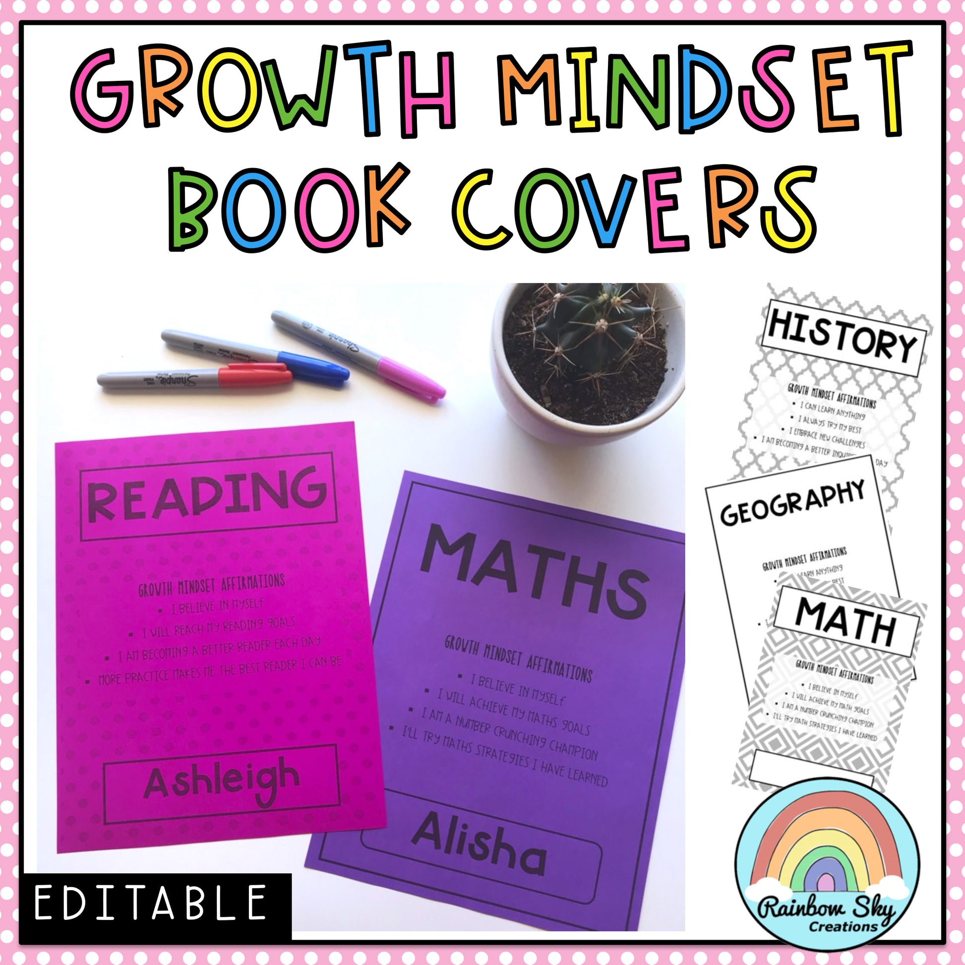 Growth Mindset Editable Book Covers | Editable Subject Page Covers