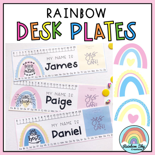 Goal Setting Desk Plates | Desk Name Tags | Pastel Rainbow Theme