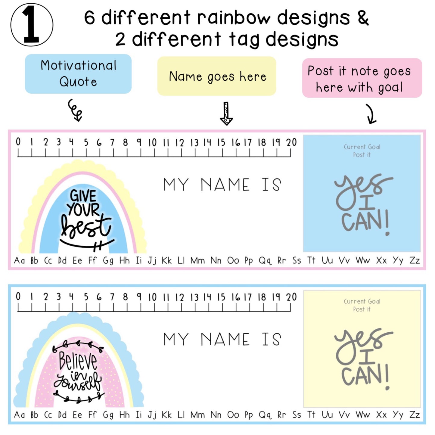 Goal Setting Desk Plates | Desk Name Tags | Pastel Rainbow Theme