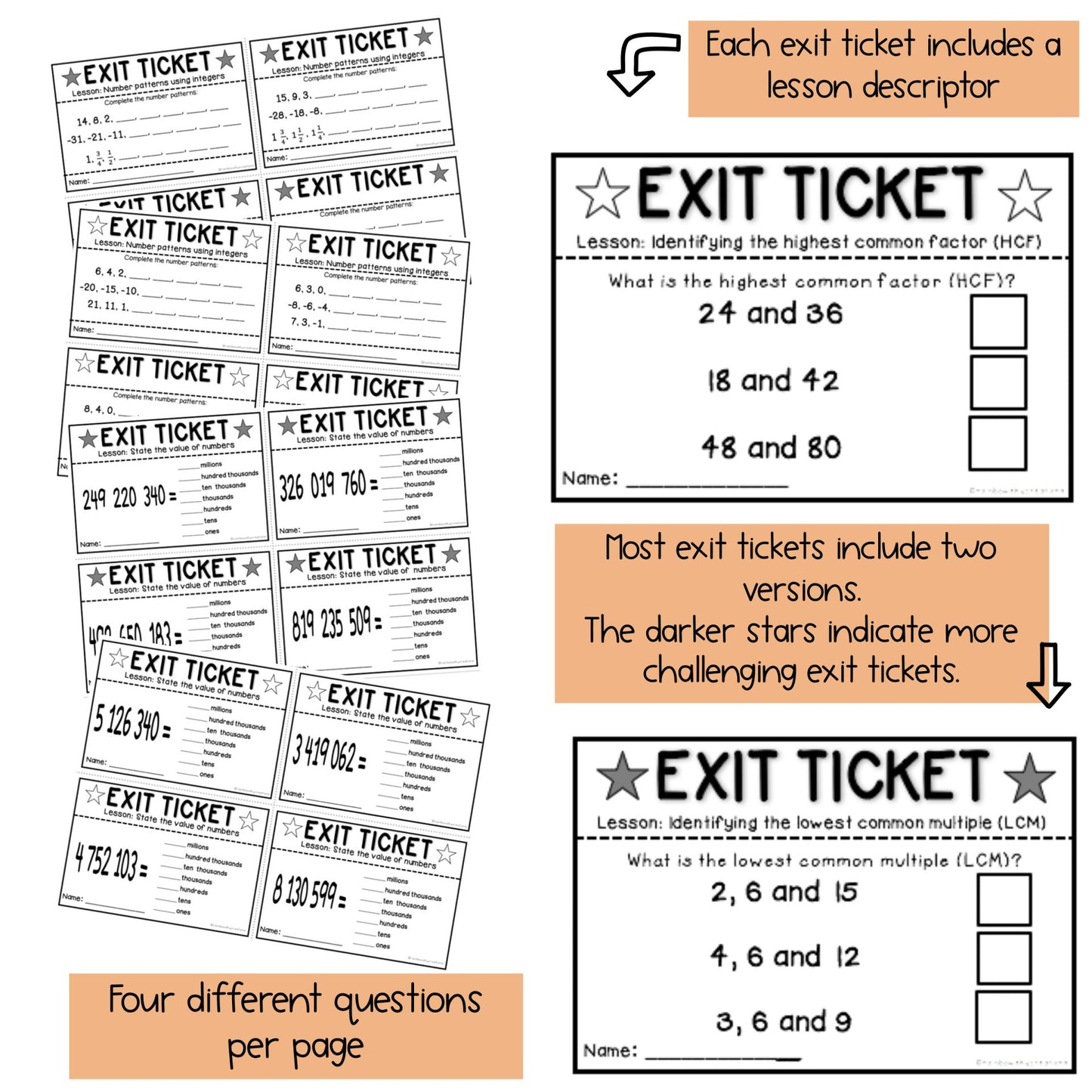 Math Exit Tickets | Exit Slips Assessment | Number Sense Grade 6