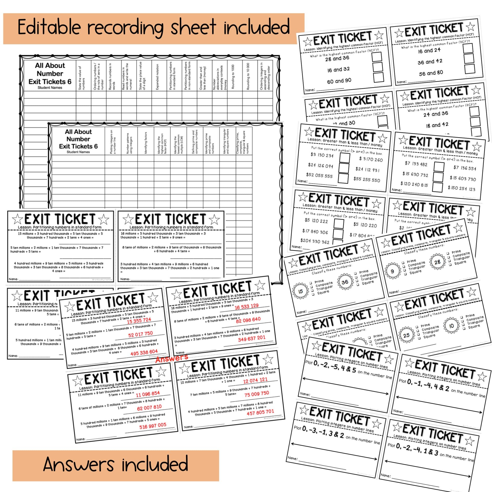 Math Exit Tickets | Exit Slips Assessment | Number Sense Grade 6