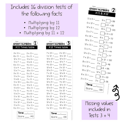 Multiplication Facts Speed Numbers Booklet | Multiplying by 11 and 12