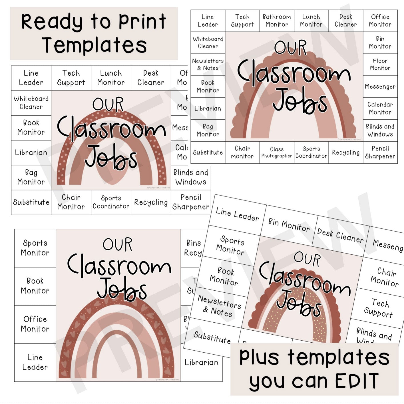 Natural Rainbow Classroom Job Templates | Simple Class Jobs