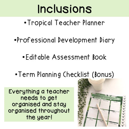 Australian Organised Teacher BUNDLE | Planner, PD Diary & Assessment Book [Tropical Theme]