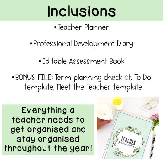 Australian Organised Teacher BUNDLE | Planner, PD Diary & Assessment Book [Eucalyptus Theme]