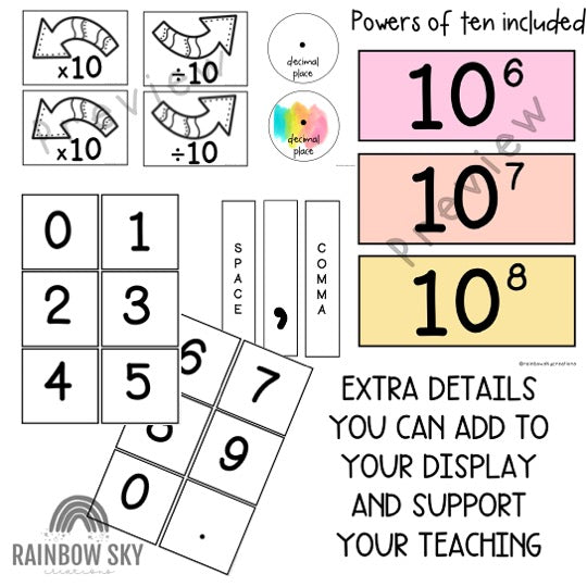 Place Value Chart BUNDLE | Bulletin Board Display & Desk Chart [Splash Rainbow Theme]