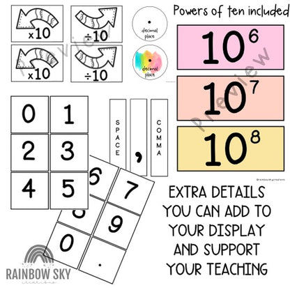 Place Value Chart BUNDLE | Bulletin Board Display & Desk Chart [Splash Rainbow Theme]