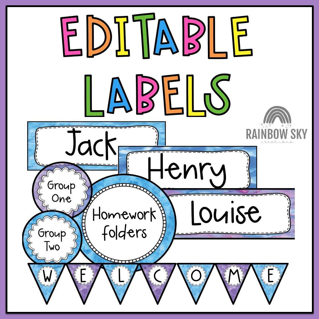 Editable Labels | Classroom Labels | Name Tags [Blue & Purple Pastel Theme]