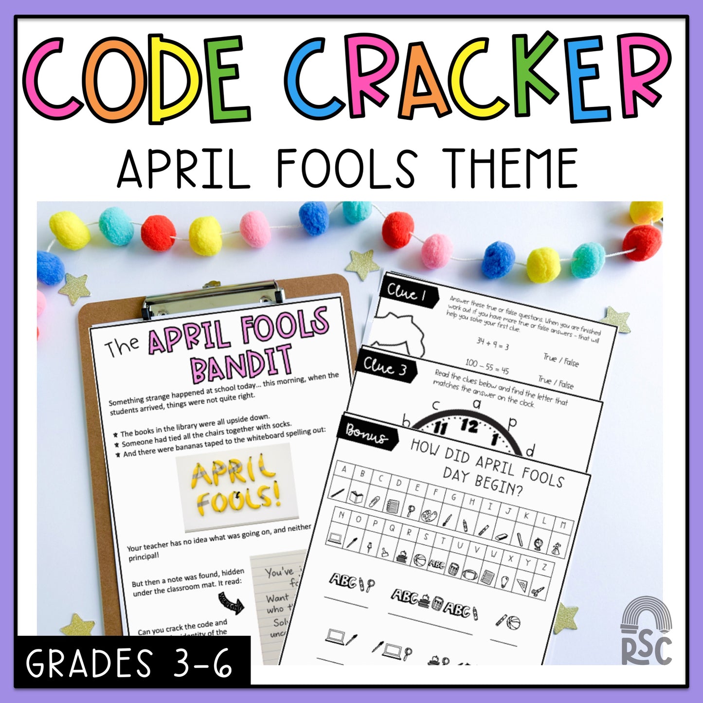April Fools Day Math Code Cracker - Grade 3-6 April Escape Room