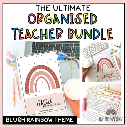 Australian Organised Teacher BUNDLE | Planner, PD Diary & Assessment Book [Neutral Rainbow Theme]