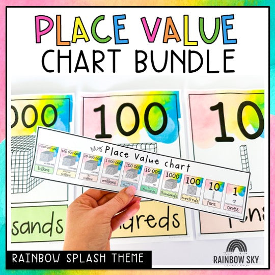 Place Value Chart BUNDLE | Bulletin Board Display & Desk Chart [Splash Rainbow Theme]