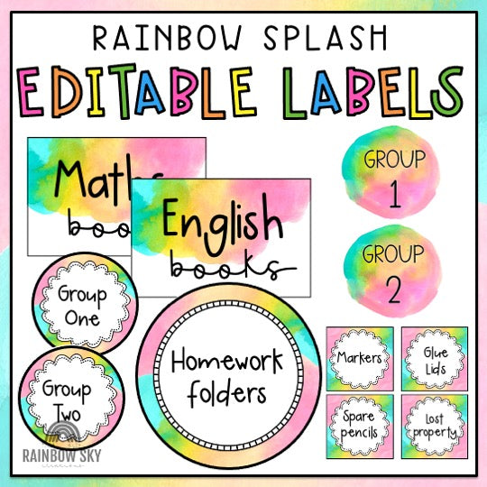 Editable Labels | Classroom Labels | Name Tags [Splash Rainbow Theme]