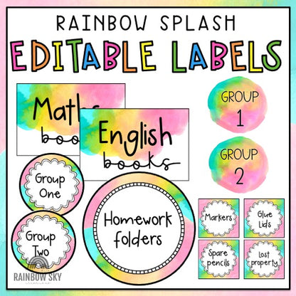 Editable Labels | Classroom Labels | Name Tags [Splash Rainbow Theme]