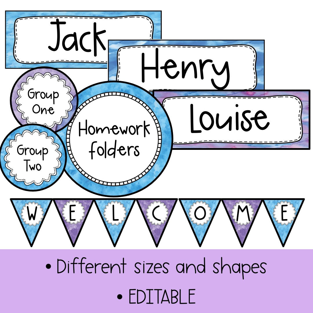 Editable Labels | Classroom Labels | Name Tags [Blue & Purple Pastel Theme]