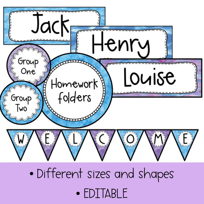 Editable Labels | Classroom Labels | Name Tags [Blue & Purple Pastel Theme]