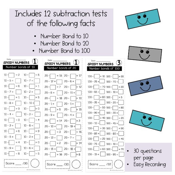 Subtraction Number bonds to 10, 20, 100 Speedy Numbers Booklet