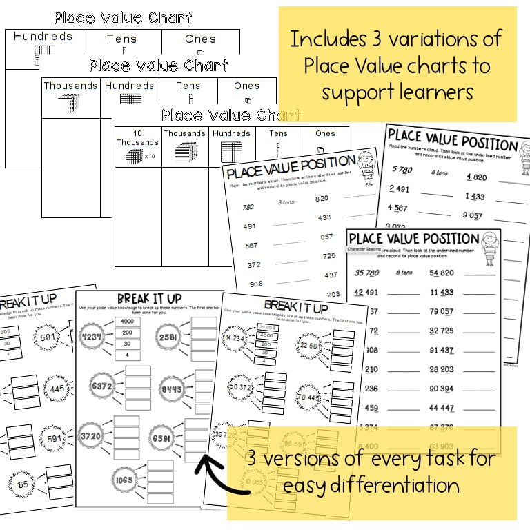 Place Value Worksheets & Games - Differentiated | Grade 3 & 4