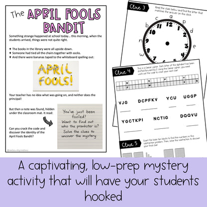April Fools Day Math Code Cracker - Grade 3-6 April Escape Room