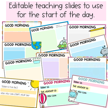 Morning Meeting Digital Teacher Slides | Editable Start/End Of Day Slides