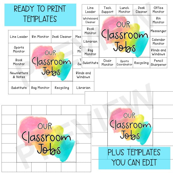 Classroom Job Templates | Simple Classroom Jobs [Splash Rainbow Theme]