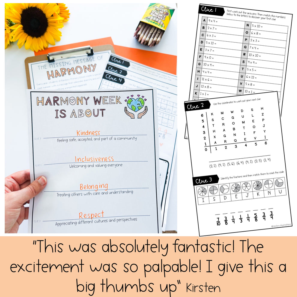 Harmony Week Math Code Cracker - Escape Room (Grades 3-6) – Rainbow Sky ...