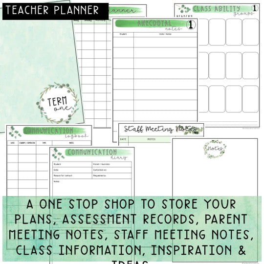 Australian Organised Teacher BUNDLE | Planner, PD Diary & Assessment Book [Eucalyptus Theme]