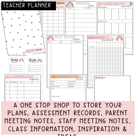 Australian Organised Teacher BUNDLE | Planner, PD Diary & Assessment Book [Neutral Rainbow Theme]