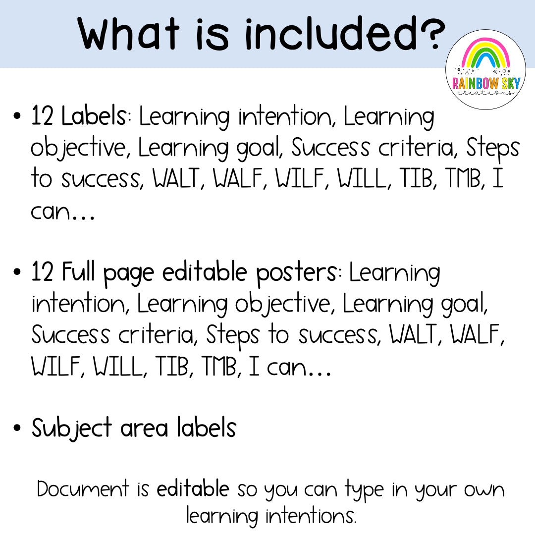 Editable Learning Intention Posters [Pastel Rainbow Theme]