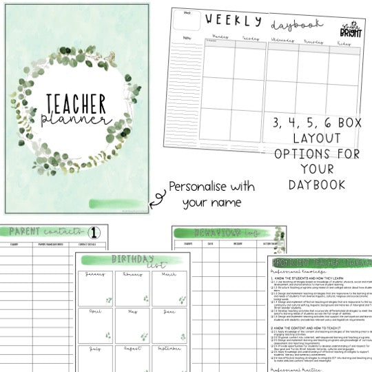 Australian Organised Teacher BUNDLE | Planner, PD Diary & Assessment Book [Eucalyptus Theme]