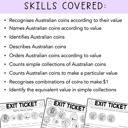 Australian Money Exit Tickets | Exit Slips | Maths Assessment | Year 1