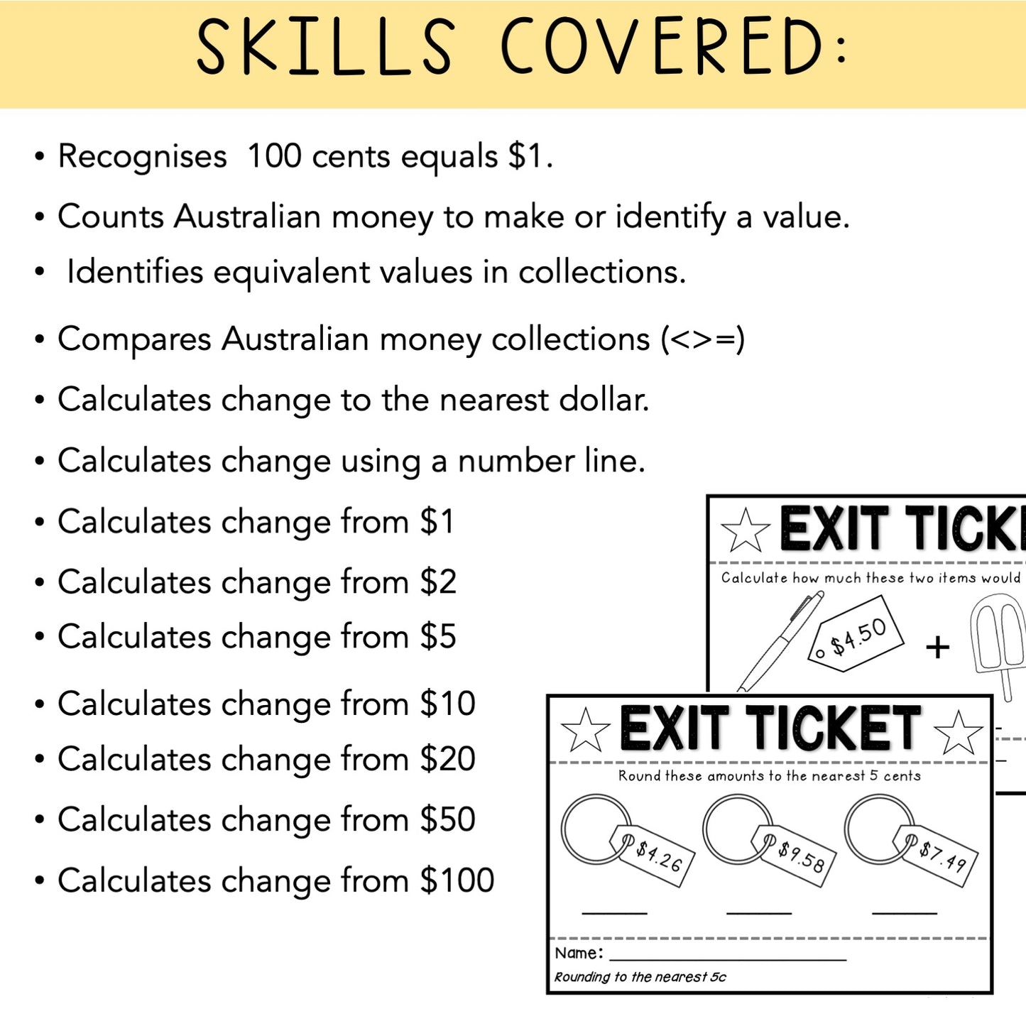 Australian Money Exit Tickets | Exit Slips | Maths Assessment | Year 3