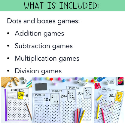 Dots and Boxes BUNDLE | Addition, Subtraction, Multiplication, Division Games