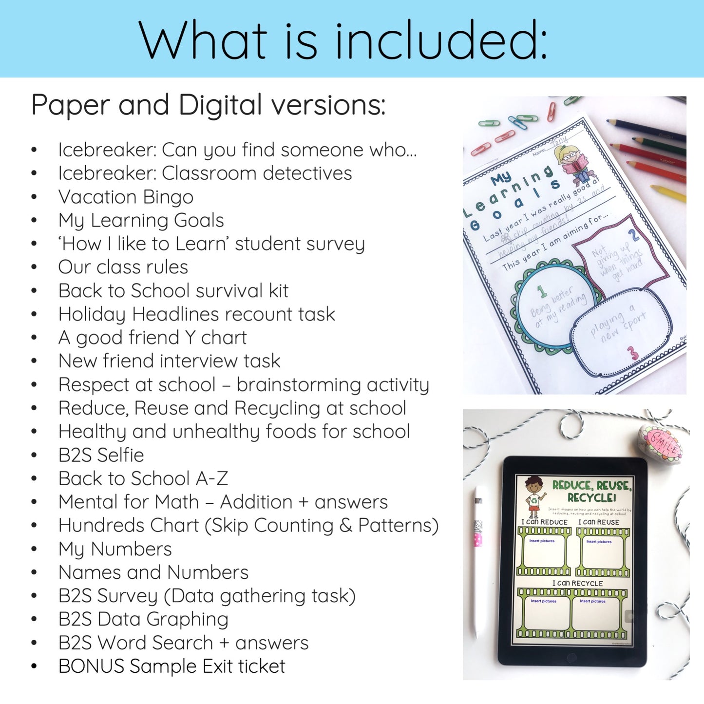 Back to School Activities Pack - Year 1 and 2 - NO PREP