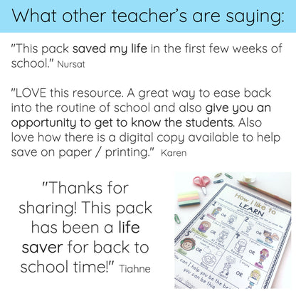 Back to School Activities Pack - Year 1 and 2 - NO PREP