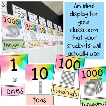 Place Value Chart BUNDLE | Bulletin Board Display & Desk Chart [Splash Rainbow Theme]