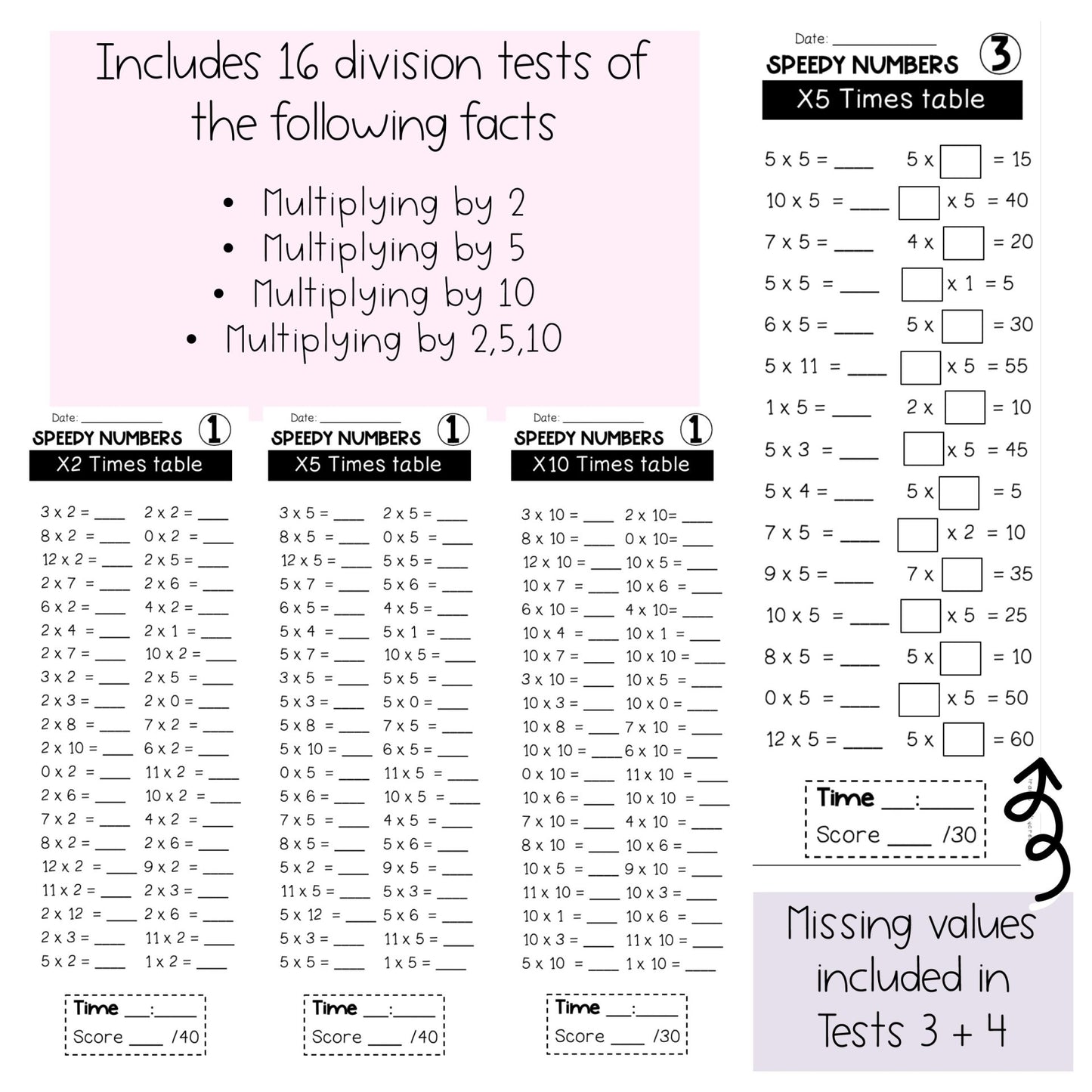 Multiplication Facts Speedy Numbers Booklet | Multiplying by 2, 5, 10