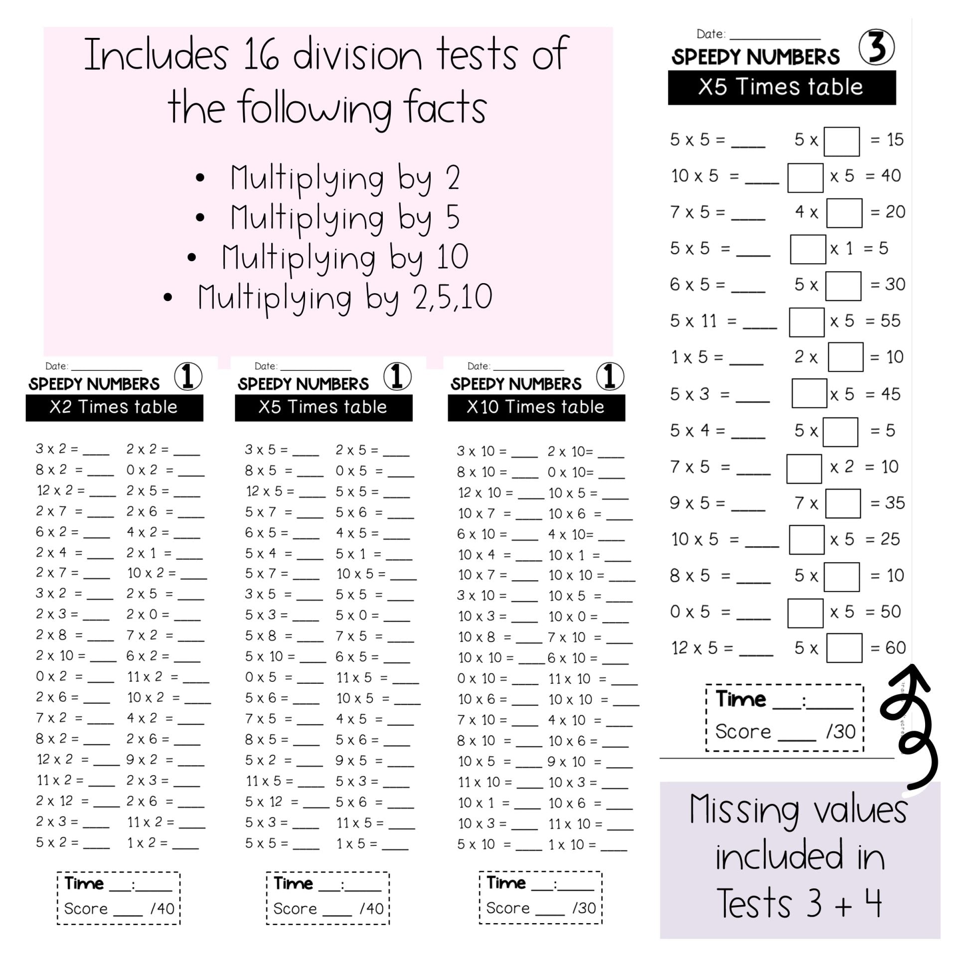 Multiplication Facts Speedy Numbers Booklet | Multiplying by 2, 5, 10