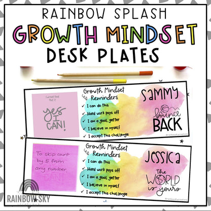 Rainbow Growth Mindset Desk Name Tags | Watercolour Splash