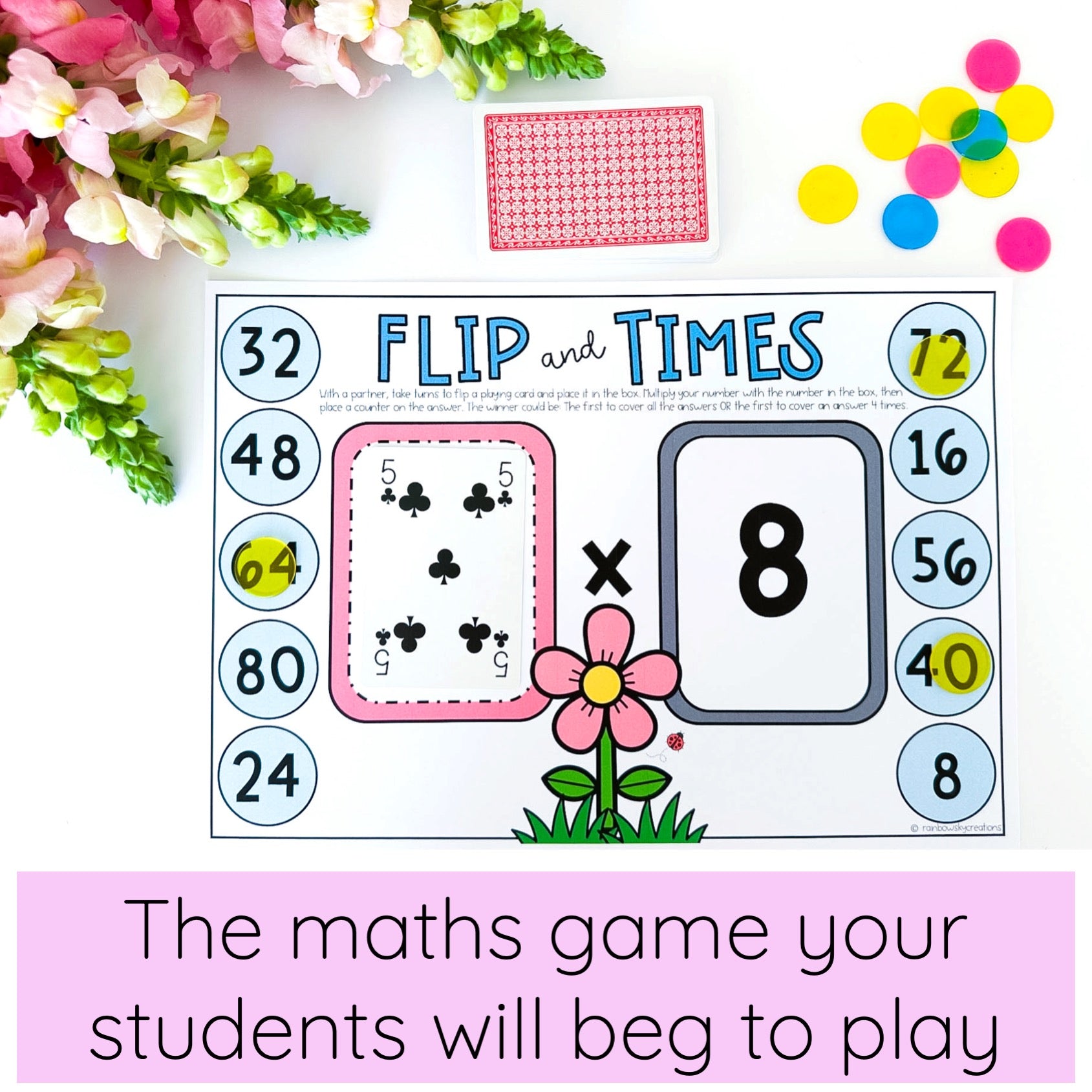 Maths game 'Flip and Times' with cards and flowers on a white background